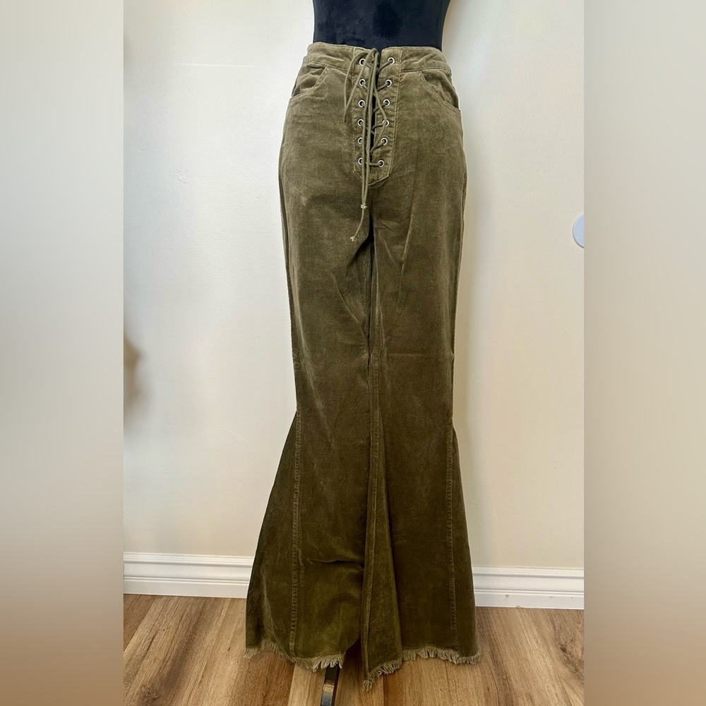 Green Corduroy Stretch Flared Pants